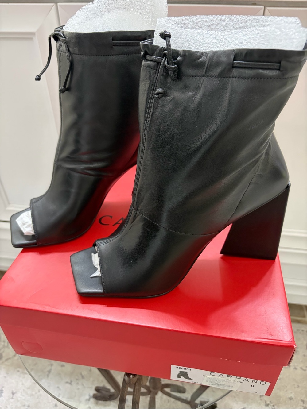 Carrano Black Leather Peep Toe Booties Size 9 Made in Brazil